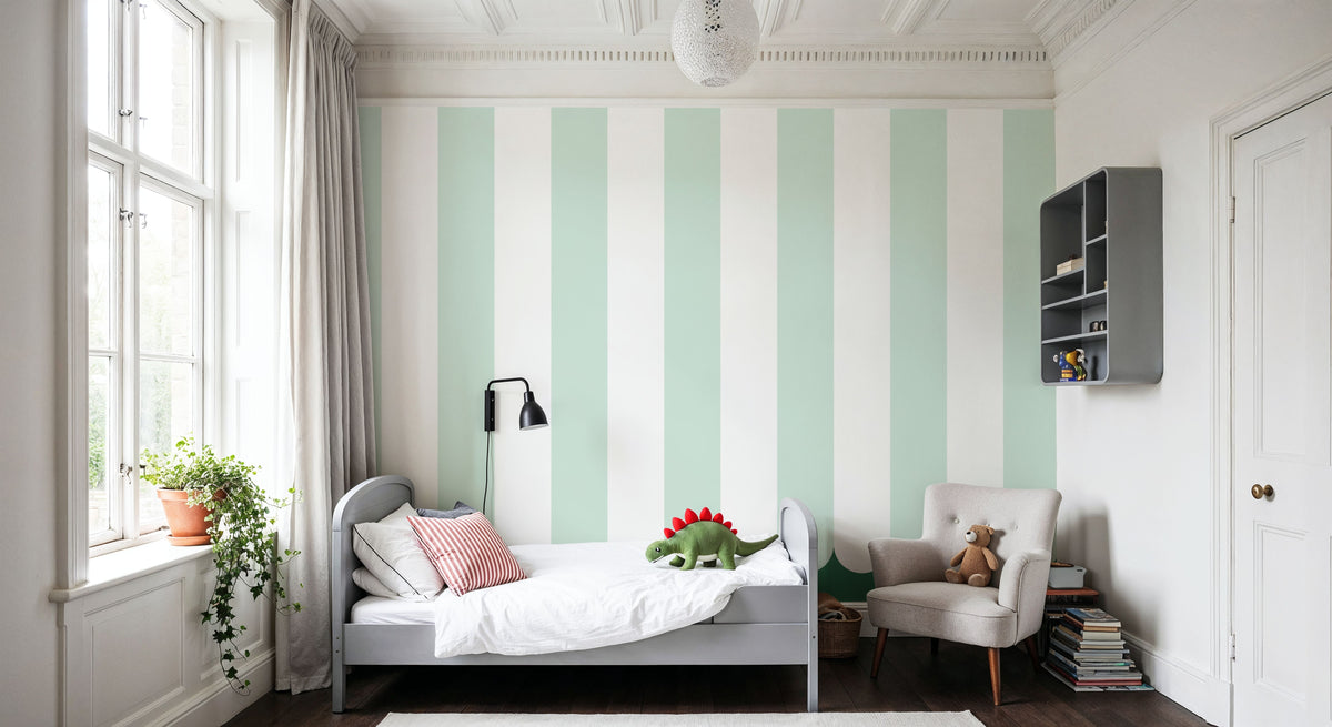 Scalloped Circus Stripes, Mint Green Mural Wallpaper - room preview 04
