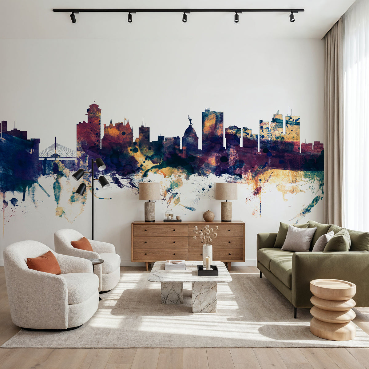 Winnipeg Canada Skyline Blue & Bronze Mural Wallpaper - room preview 04