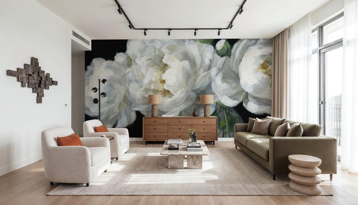 White Peonies in Glass Mural Wallpaper - room preview 04