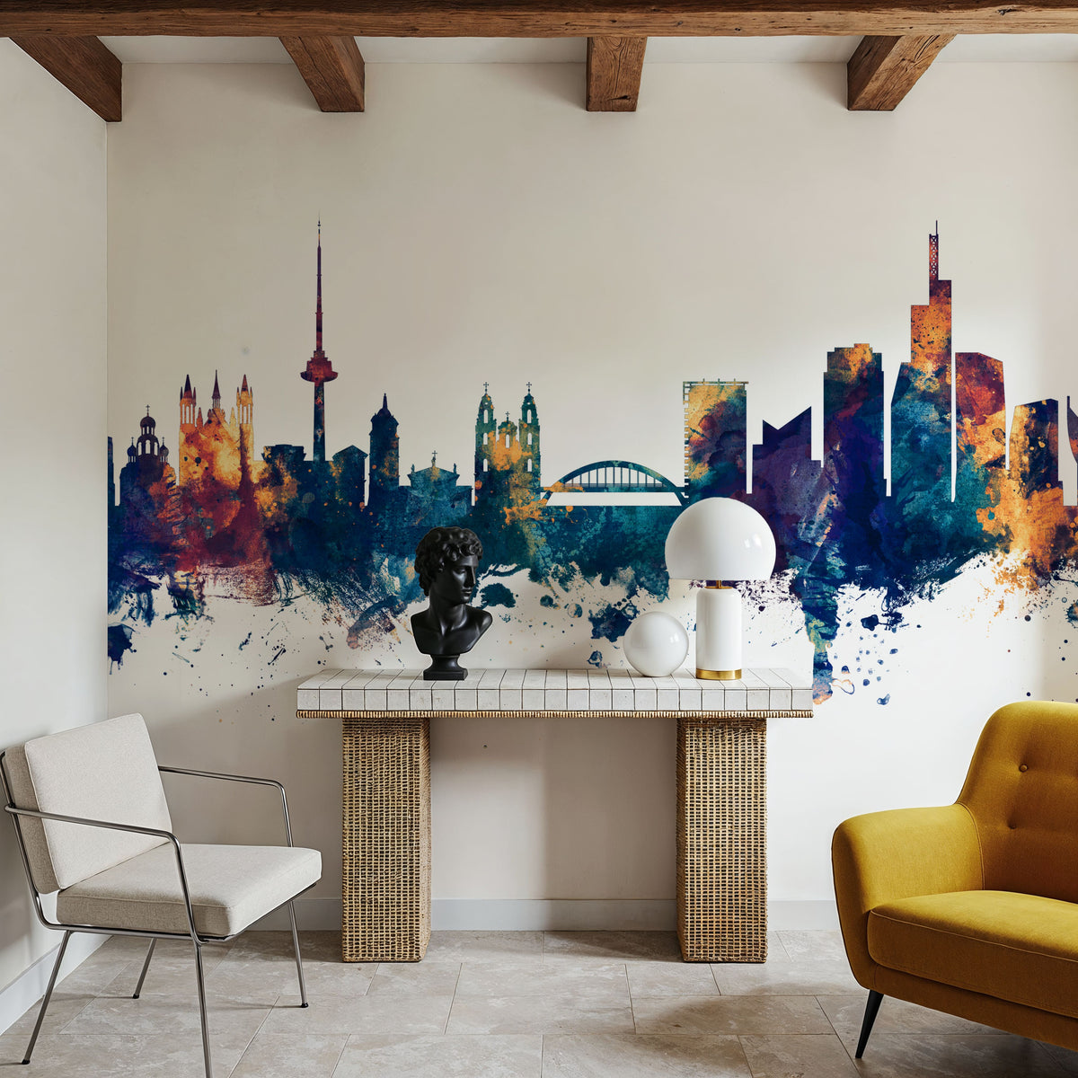 Vilnius Lithuania Skyline Blue & Bronze Mural Wallpaper - room preview 04