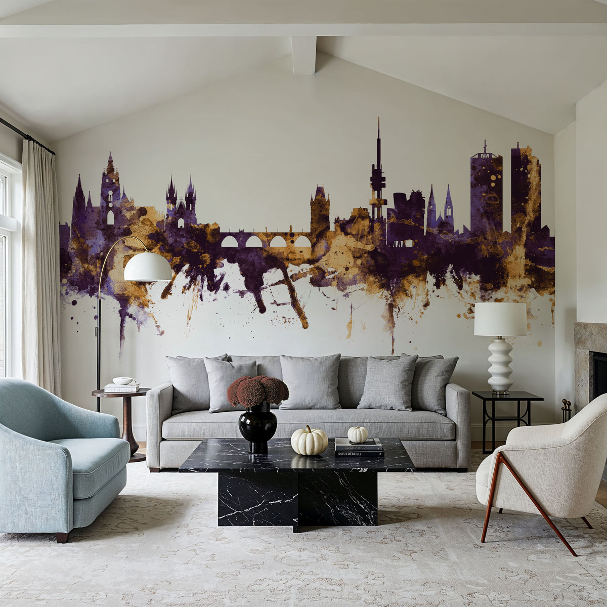 Prague (Praha) Czech Reublic Skyline Purple & Gold Mural Wallpaper - room preview 04