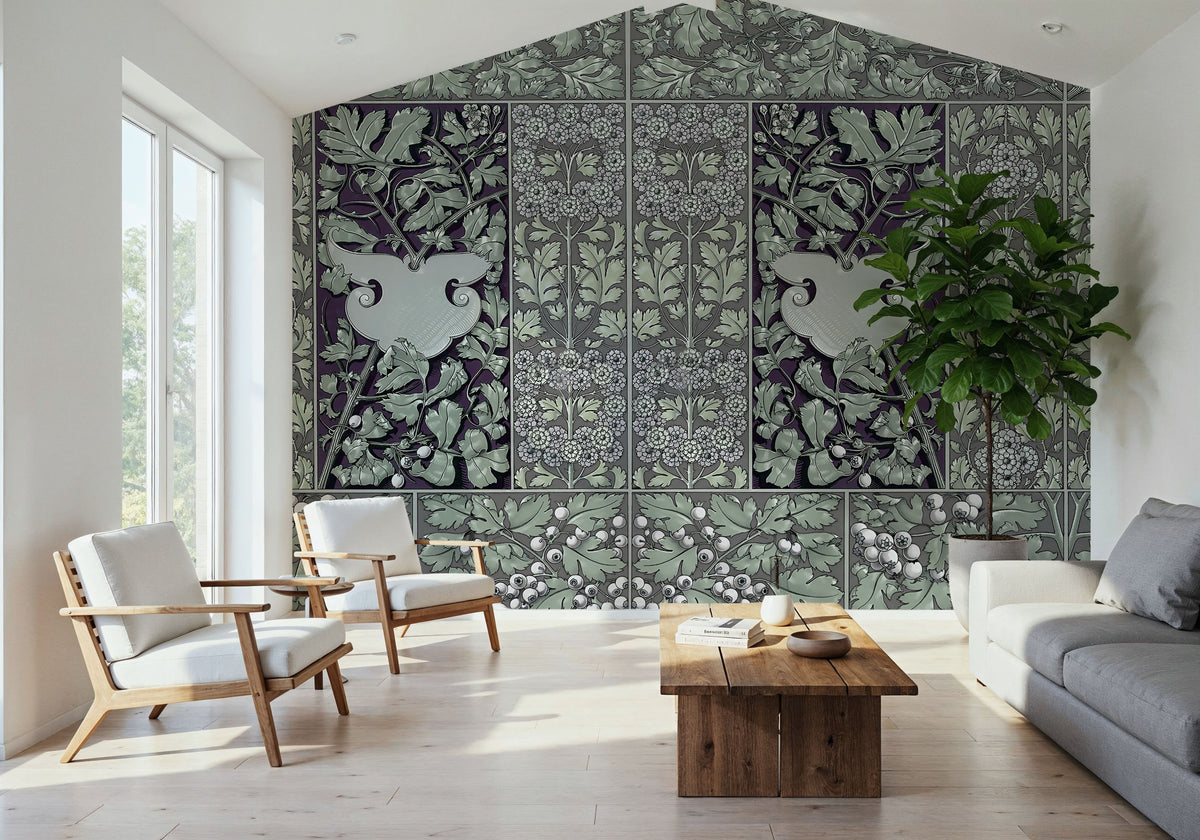 Flowers and Berries Green Mural Wallpaper - room preview 04