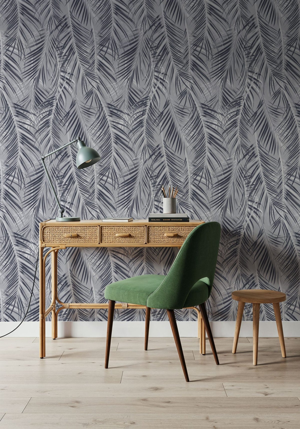 Swaying Palm Leaves, Grey Mural Wallpaper - room preview 04