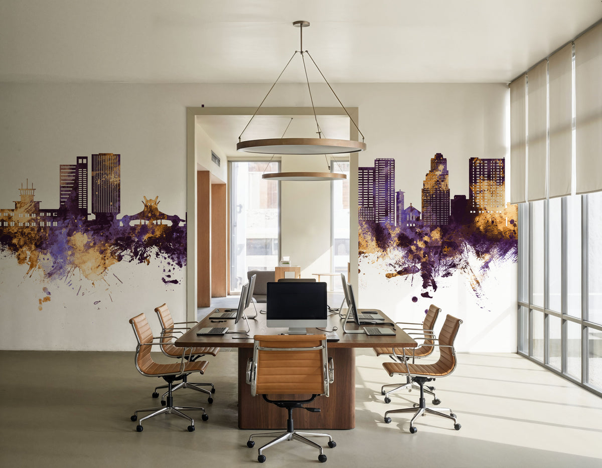 Kinshasa Skyline Purple & Gold Mural Wallpaper - room preview 04