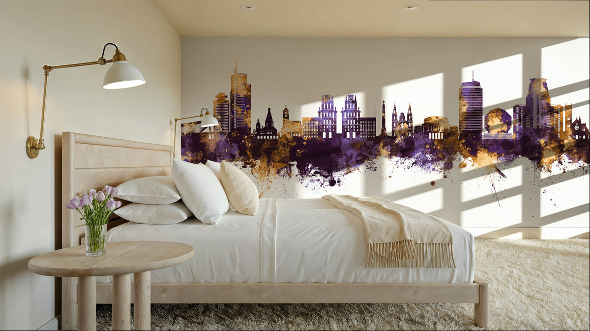 Minsk Belarus Skyline Purple & Gold Mural Wallpaper - room preview 04