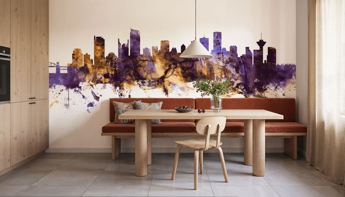 Vancouver Canada Skyline Purple & Gold Mural Wallpaper - room preview 04