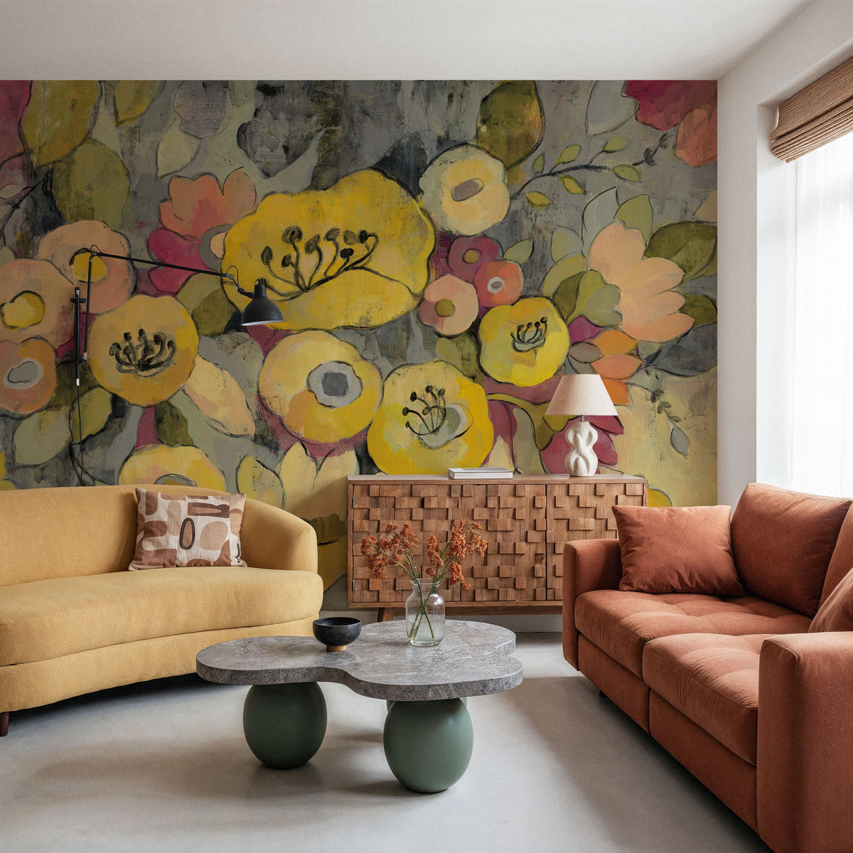 Yellow Floral Duo III Mural Wallpaper - room preview 04