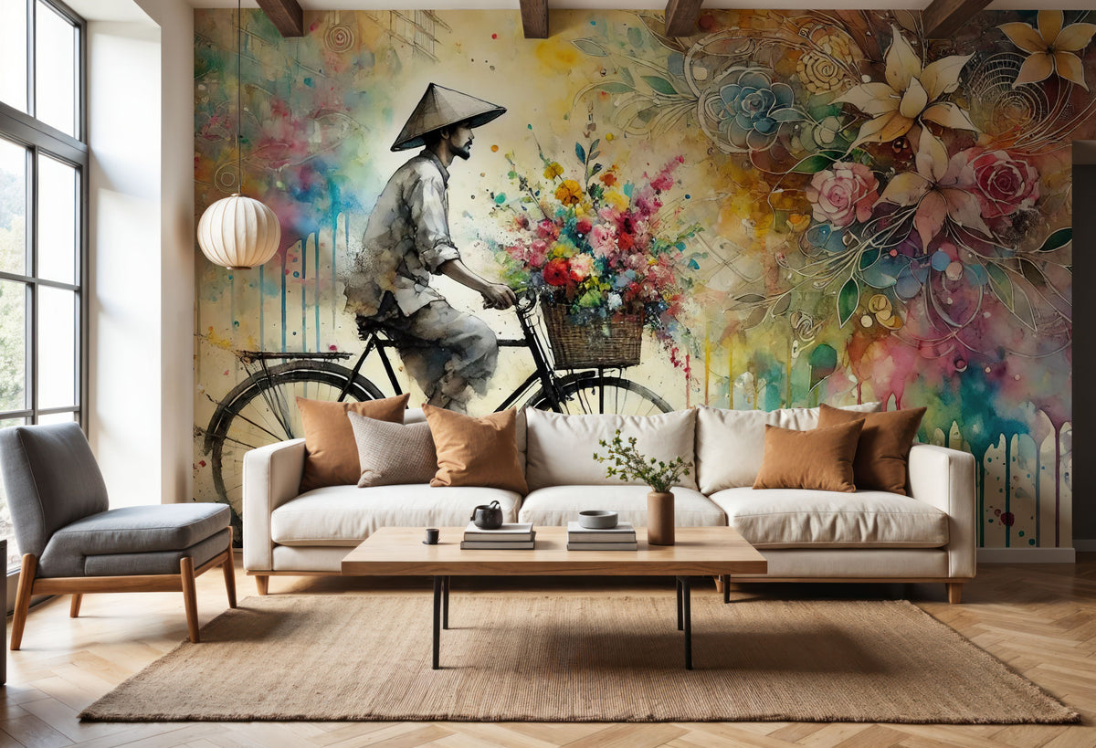 Vibrant Floral Cyclist Mural Wallpaper - room preview 04