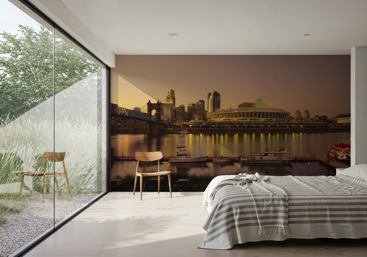 Riverfront Sunset Panorama Mural Wallpaper - room preview 04