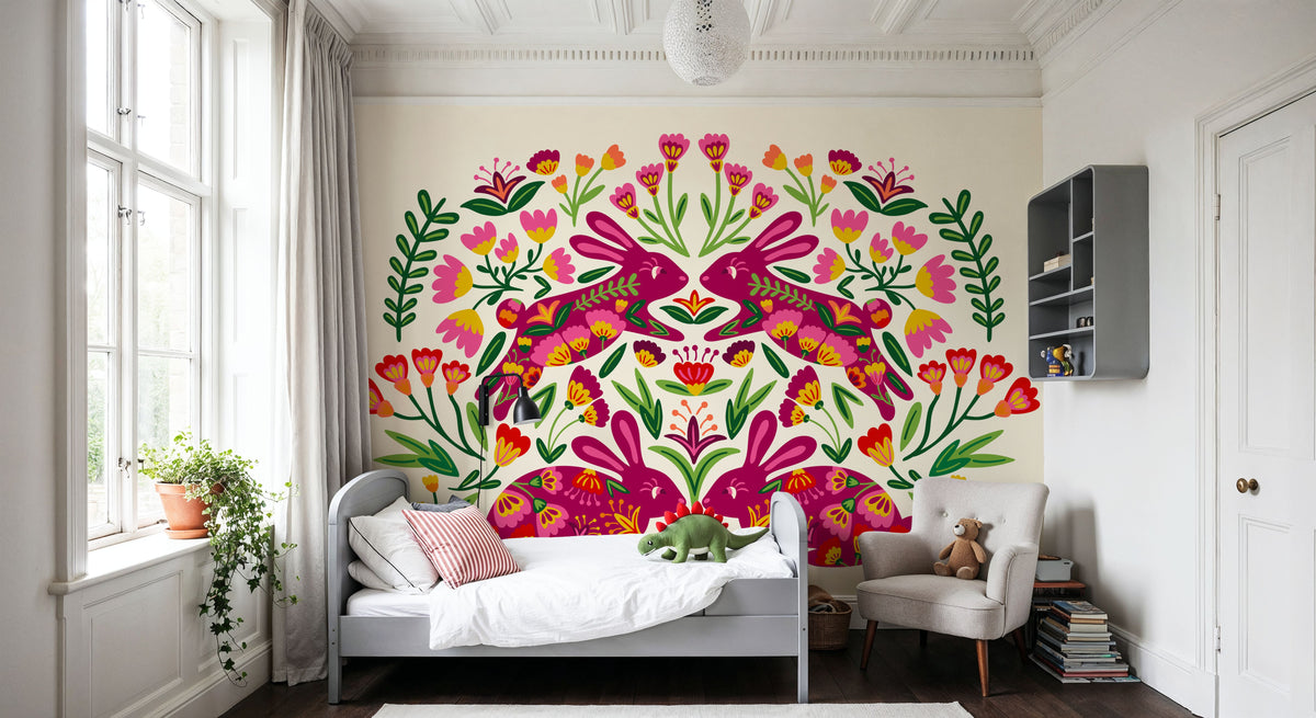 Otomi Rabbits & Flowers Mural Wallpaper - room preview 04