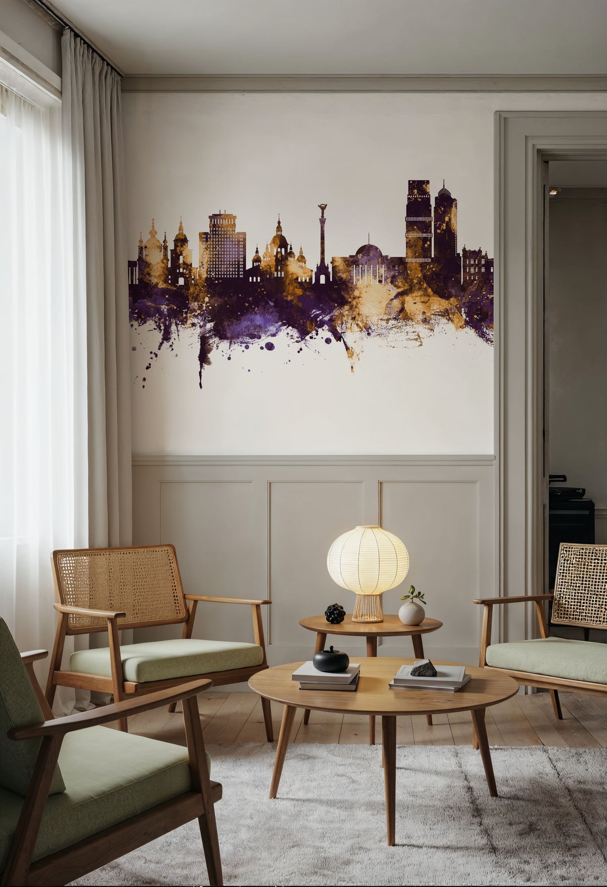Kyiv Ukraine Skyline Purple & Gold Mural Wallpaper - room preview 04