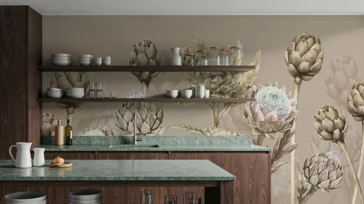 Artichoke Blooms, Mocha Mural Wallpaper - room preview 04