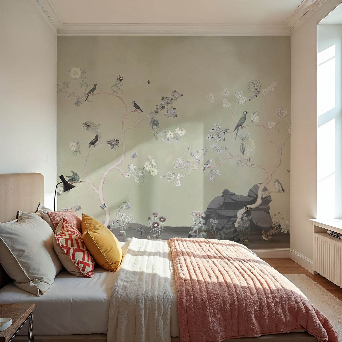 Birds in the Garden Light Green Mural Wallpaper - room preview 04