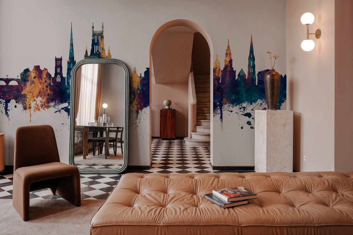 Worcester England Skyline Blue & Bronze Mural Wallpaper - room preview 04