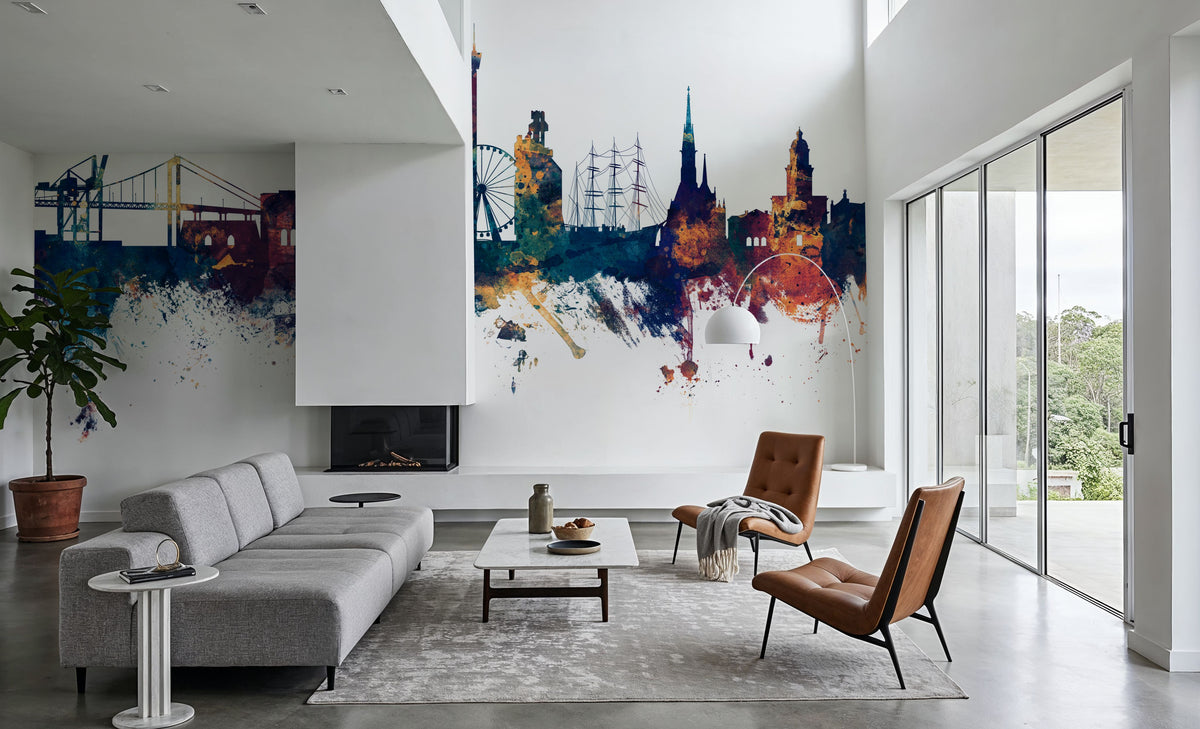 Gothenburg Skyline Blue & Bronze Mural Wallpaper - room preview 04