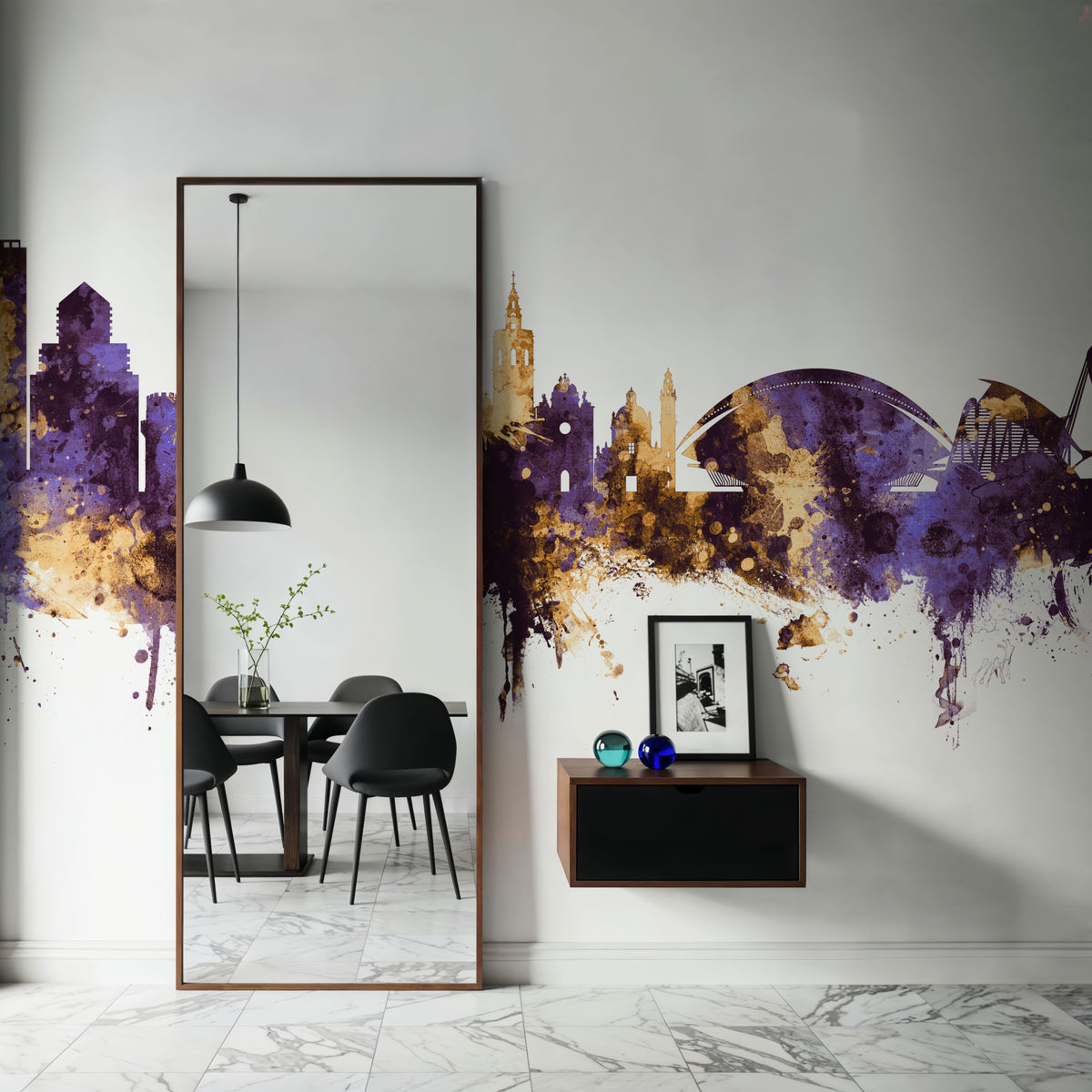 Valencia Spain Skyline Purple & Gold Mural Wallpaper - room preview 04