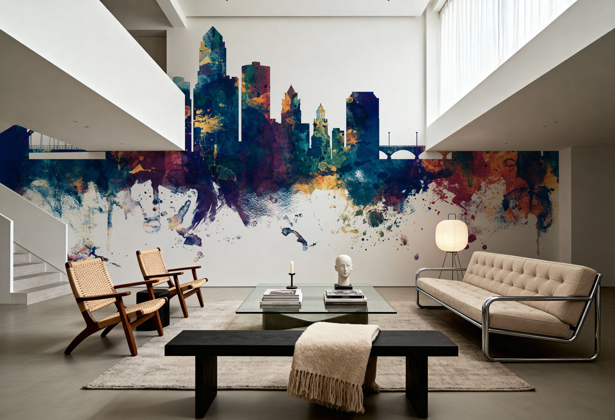 Des Moines Iowa Skyline Blue & Bronze Mural Wallpaper - room preview 04