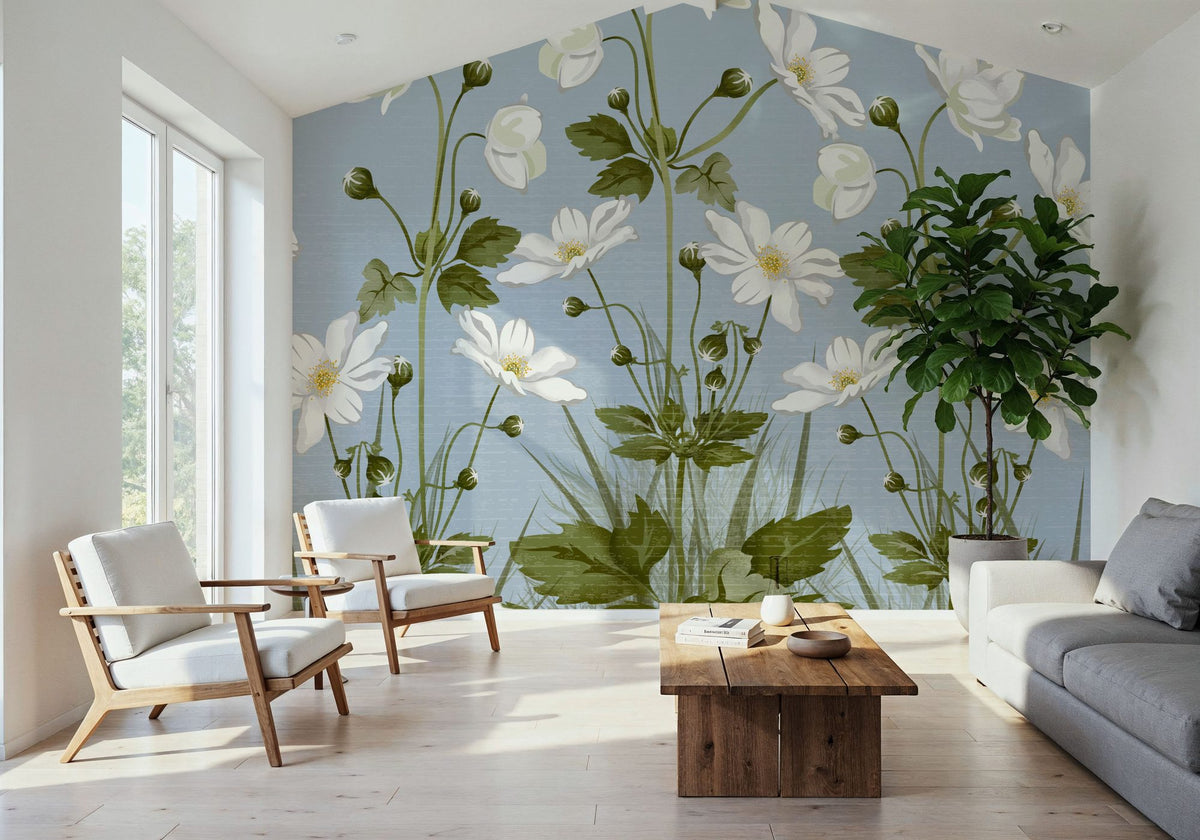 White Anemones, Sky Blue Mural Wallpaper - room preview 04