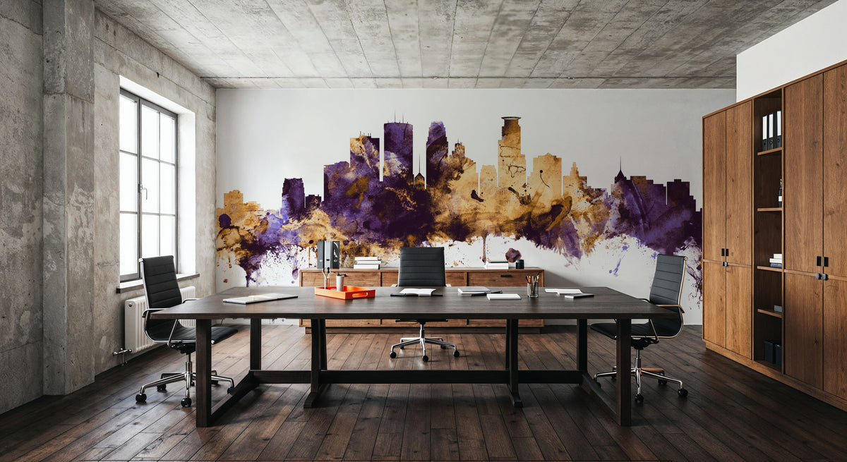 Minneapolis Minnesota Skyline Purple & Gold Mural Wallpaper - room preview 04