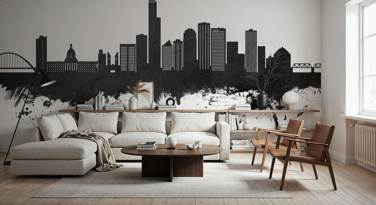 Edmonton Canada Skyline Black & White Mural Wallpaper - room preview 04