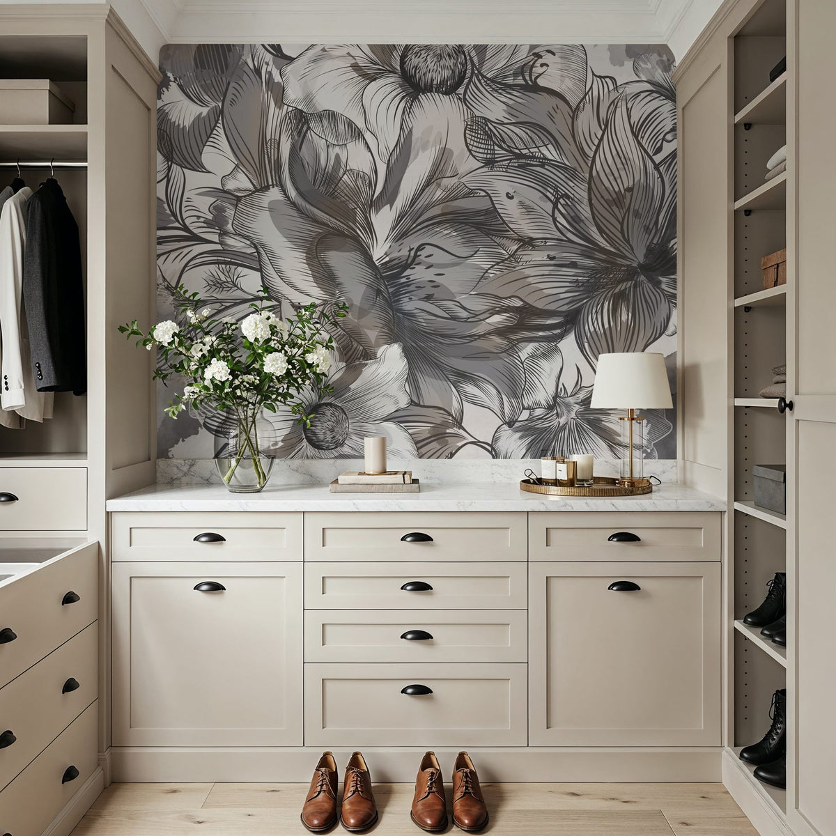 Seeing Through Leaves Gray Mural Wallpaper - room preview 04
