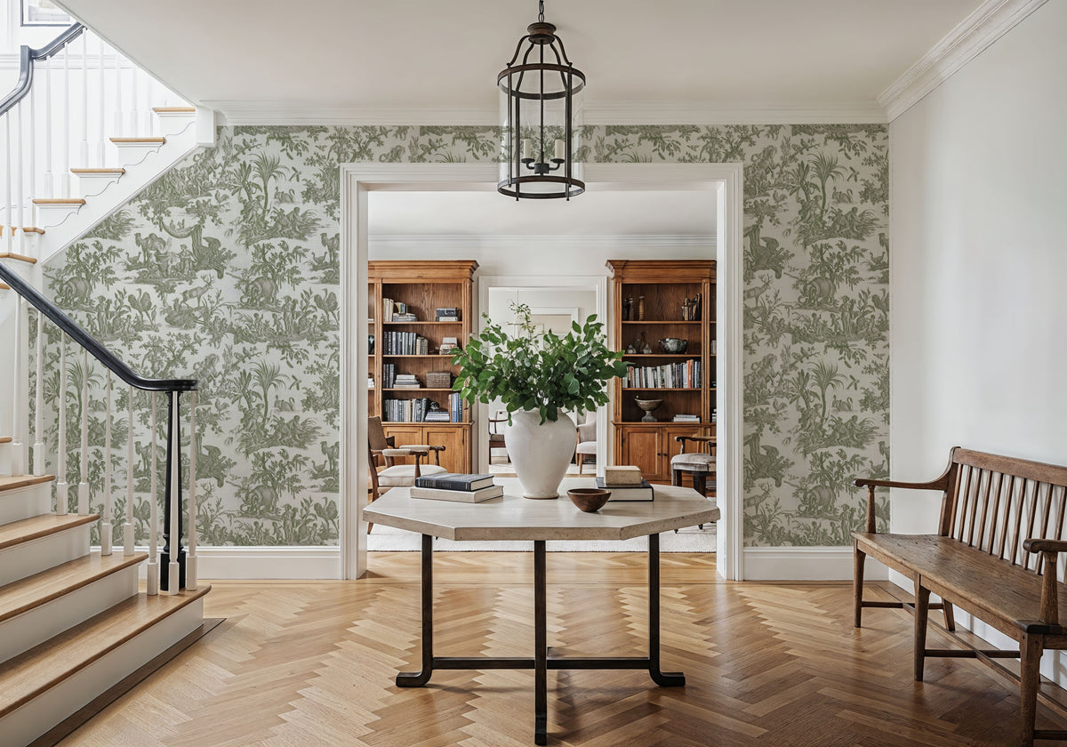 Patinated Linen Toile De Jouy, Olive Mural Wallpaper - room preview 04