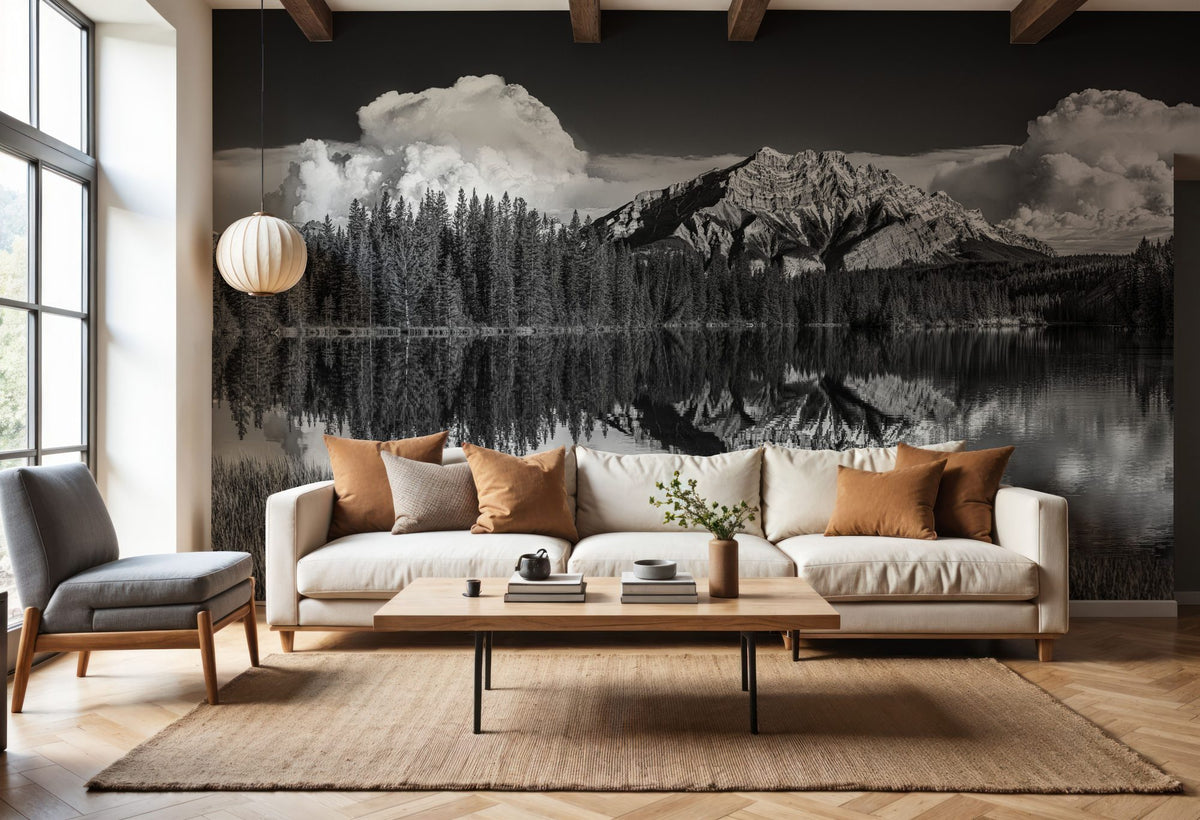 Cascade Mountain Reflection BW Mural Wallpaper - room preview 04
