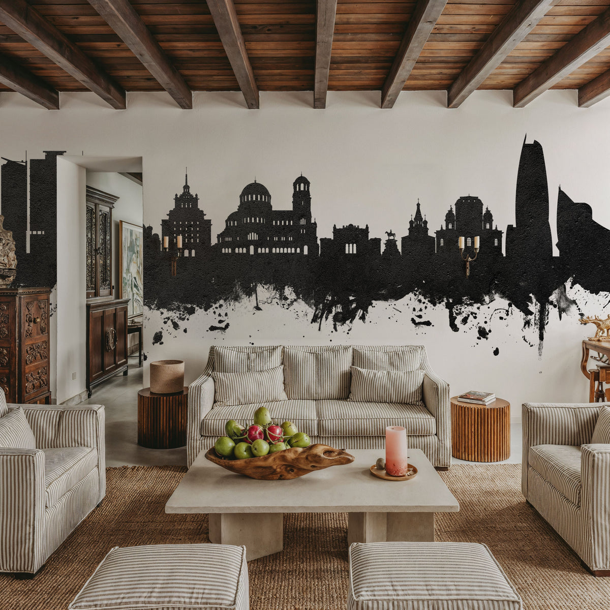 Sofia Bulgaria Skyline Black & White Mural Wallpaper - room preview 04