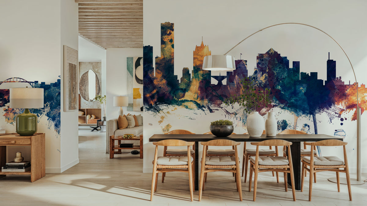 Milwaukee Wisconsin Skyline Blue & Bronze Mural Wallpaper - room preview 04