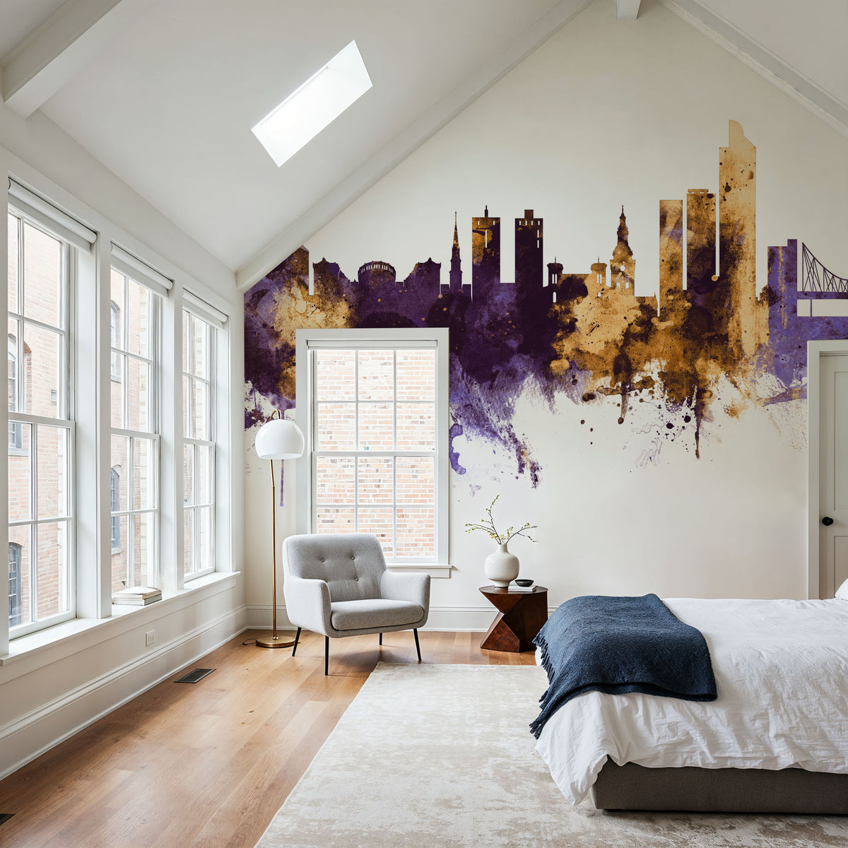 Oslo Skyline Purple & Gold Mural Wallpaper - room preview 04