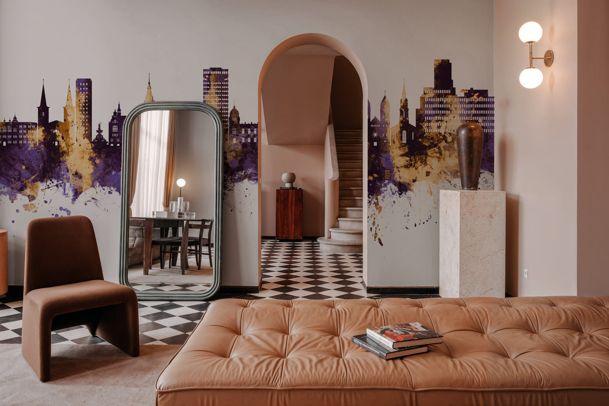 Wuppertal Germany Skyline Purple & Gold Mural Wallpaper - room preview 04