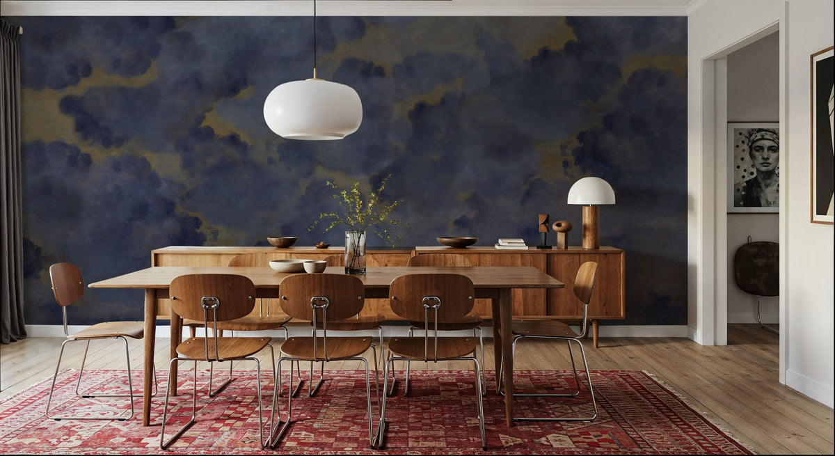 Painted Dreamy Clouds, Indigo Mural Wallpaper - room preview 04