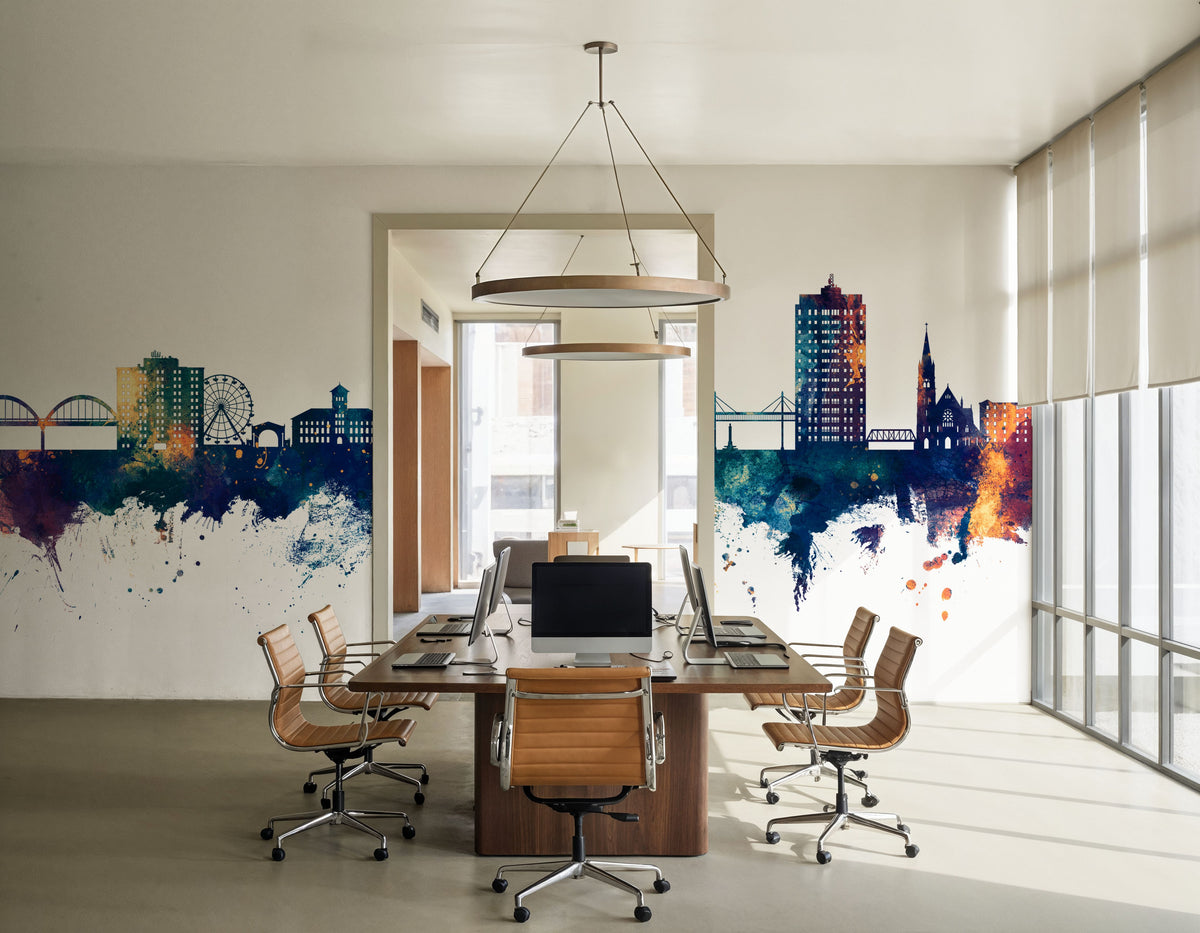 Davenport Iowa Skyline Blue & Bronze Mural Wallpaper - room preview 04