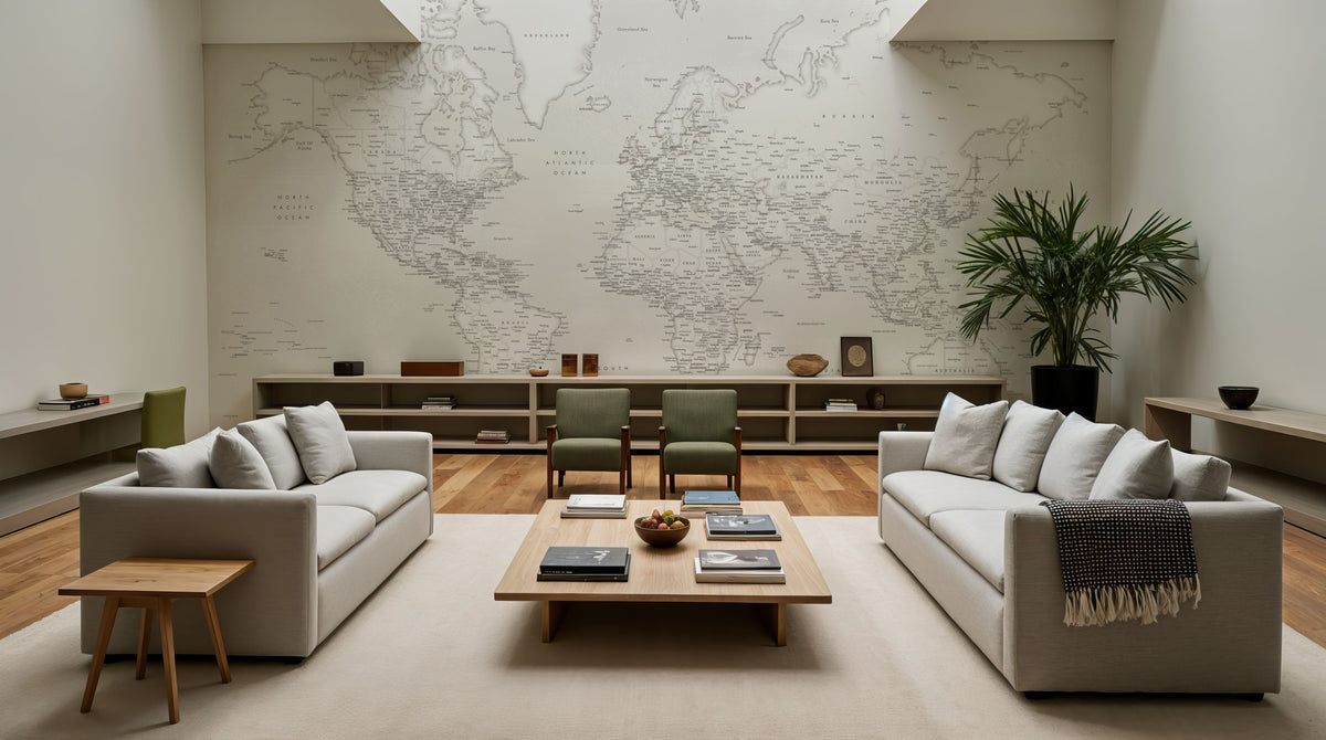 World Map Cities - Maeli White Mural Wallpaper - room preview 04