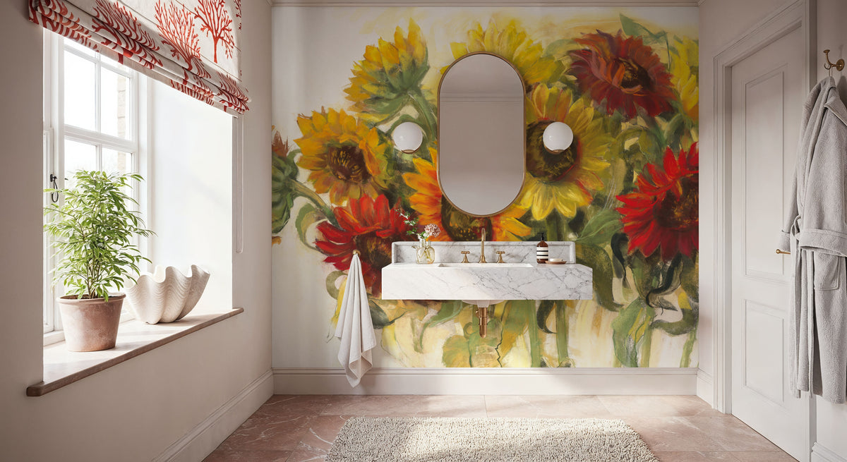 Gathering Sunflowers on White Mural Wallpaper - room preview 04