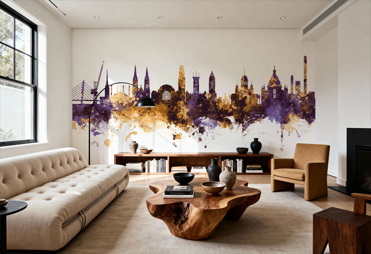 Helsinki Skyline Purple & Gold Mural Wallpaper - room preview 04