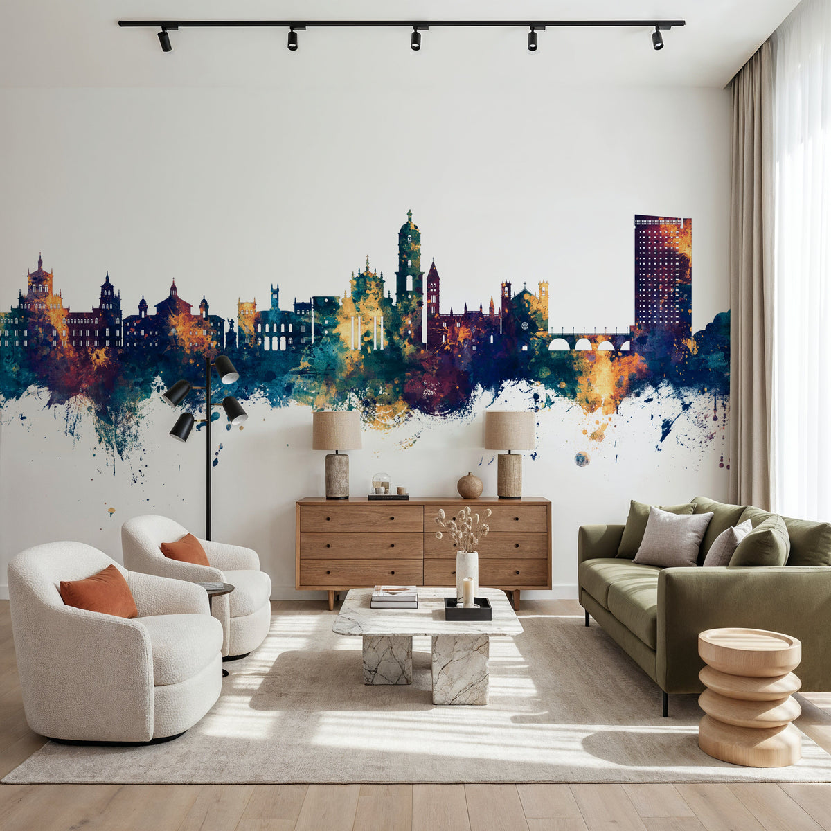 Valladolid Spain Skyline Blue & Bronze Mural Wallpaper - room preview 04