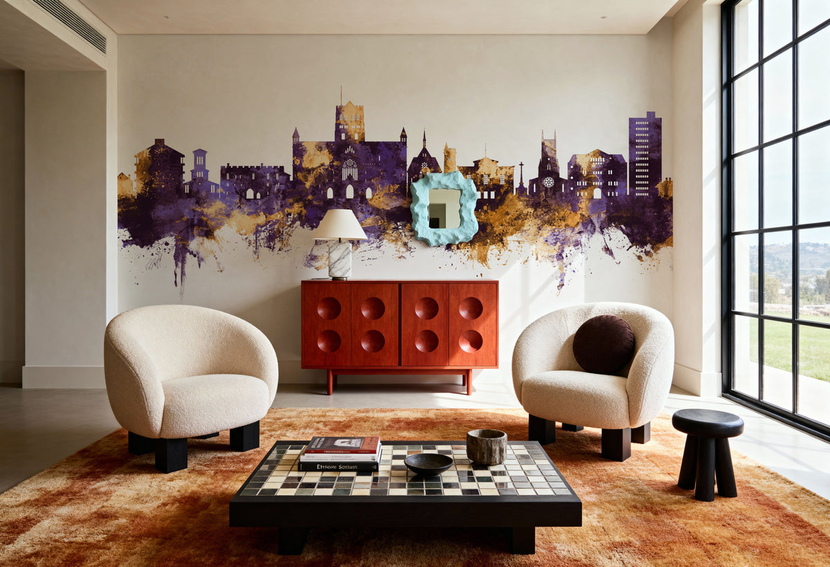 St Albans England Skyline Purple & Gold Mural Wallpaper - room preview 04