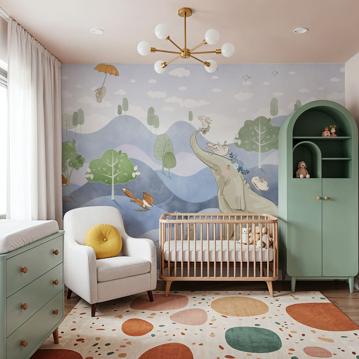 Dwellpaper Bunny Friends, Blue Mural Wallpaper image 4