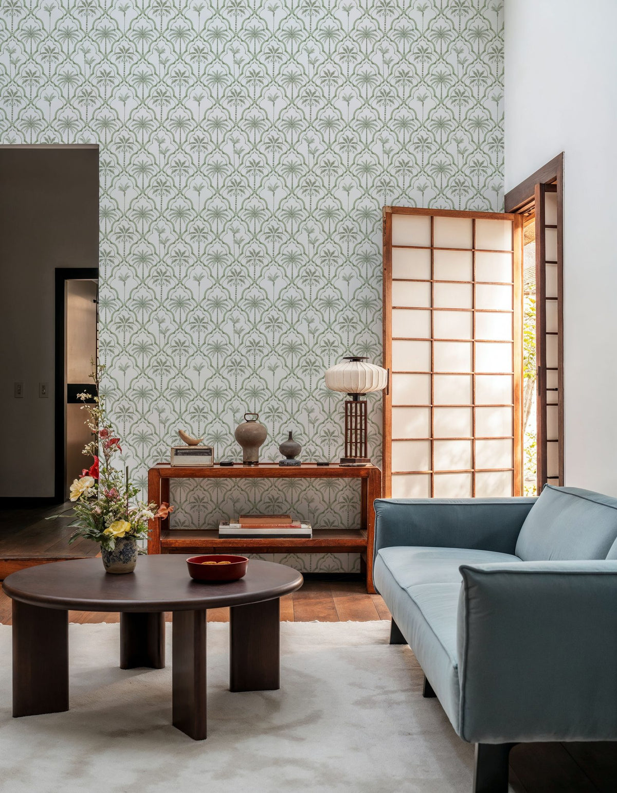The Palm Lattice, Sage Green Mural Wallpaper - room preview 04