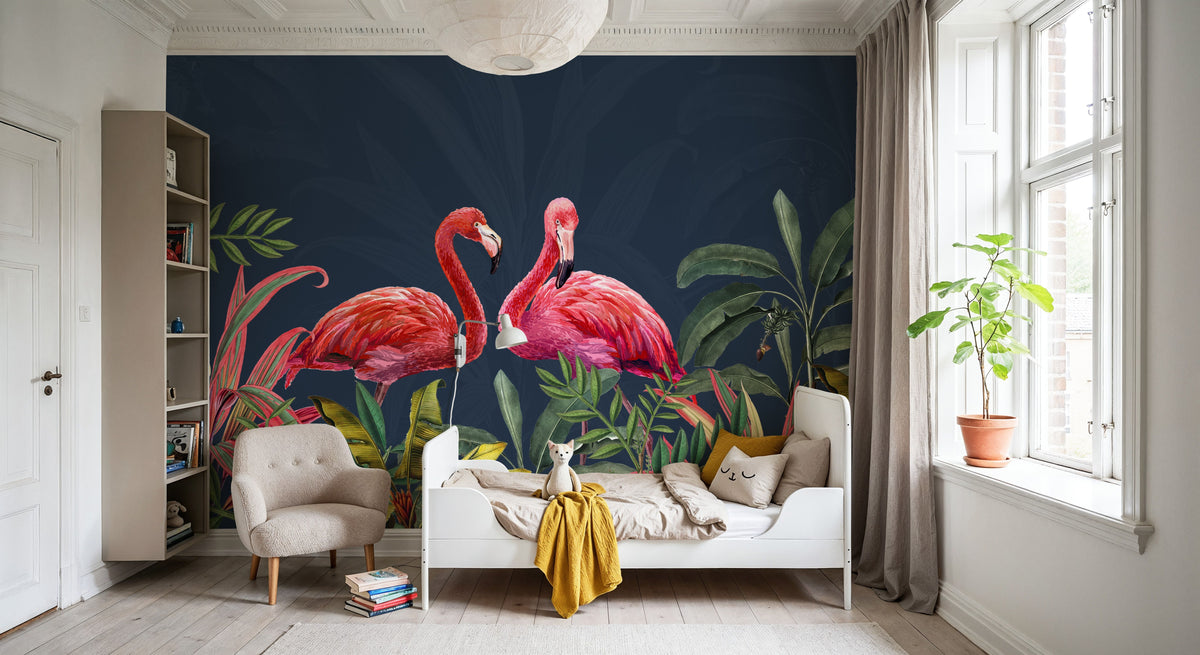 Shy Flamingos Blue Mural Wallpaper - room preview 04