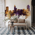 Raleigh North Carolina Skyline Purple & Gold Mural Wallpaper - room preview 04