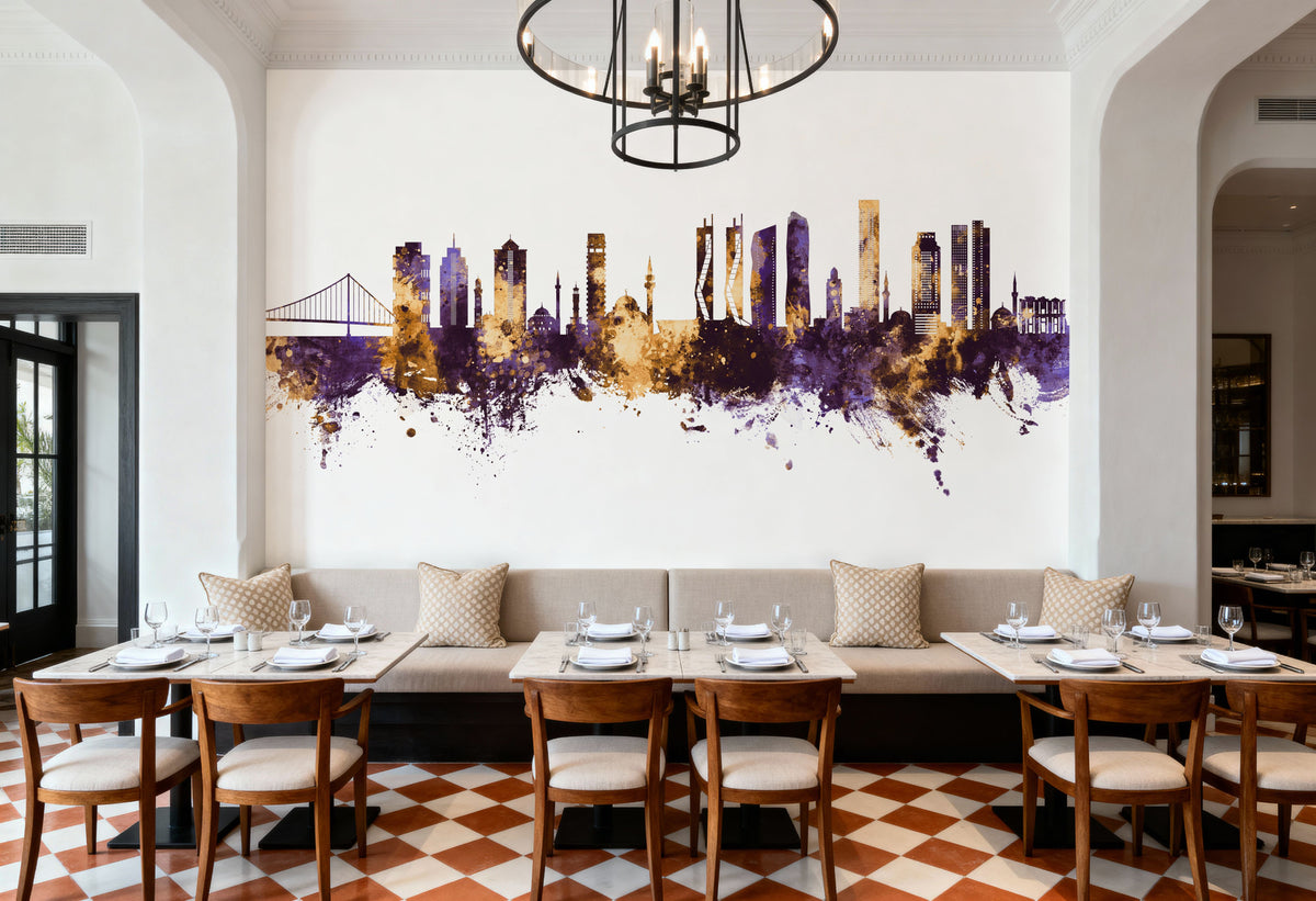 Izmir Turkey Skyline Purple & Gold Mural Wallpaper - room preview 04