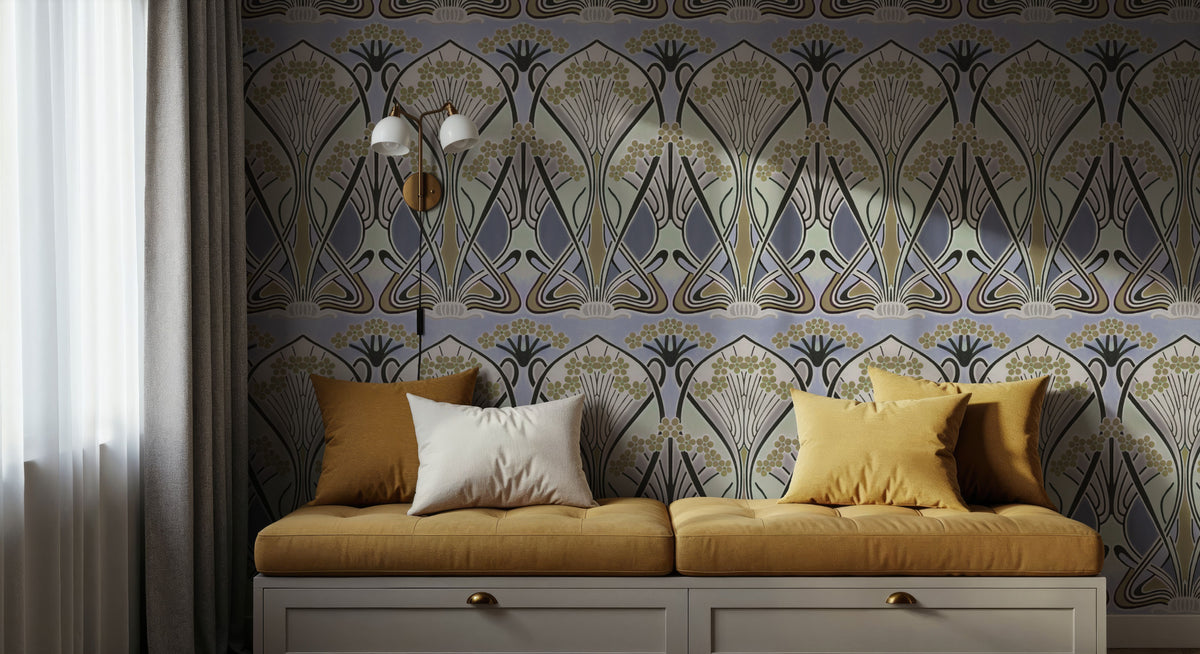 Floral Art Deco Aura, Periwinkle Mural Wallpaper - room preview 04