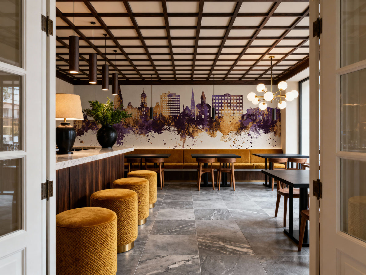 Fredericton Canada Skyline Purple & Gold Mural Wallpaper - room preview 04