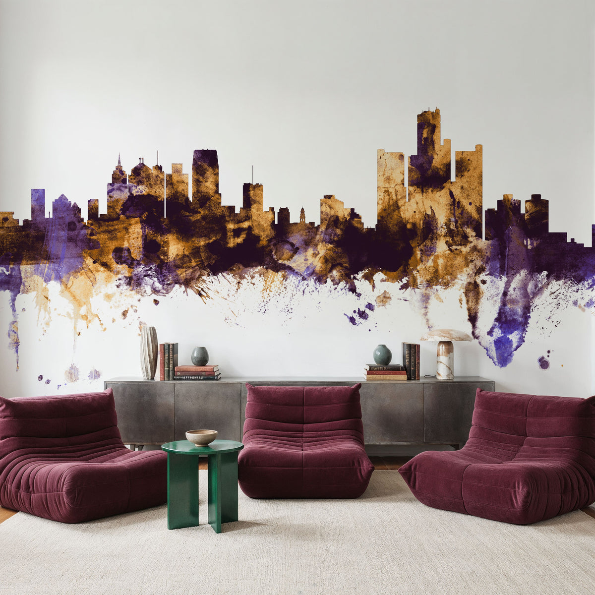 Detroit Michigan Skyline Purple & Gold Mural Wallpaper - room preview 04