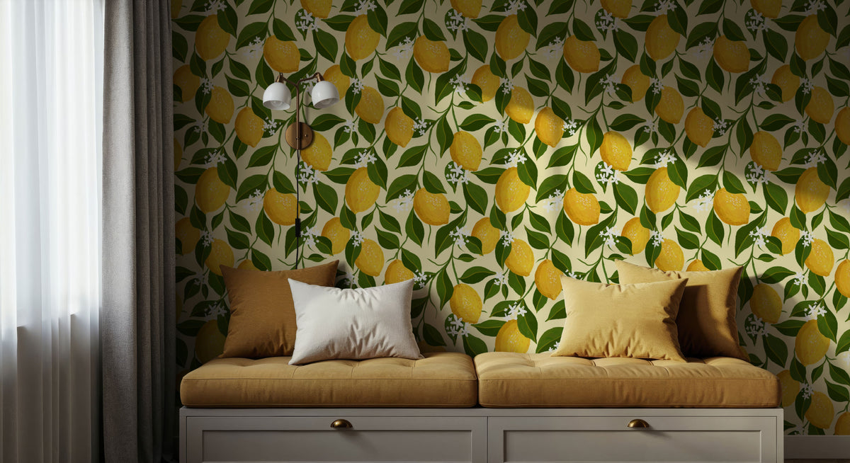 Trailing Lemons, Cream Mural Wallpaper - room preview 04