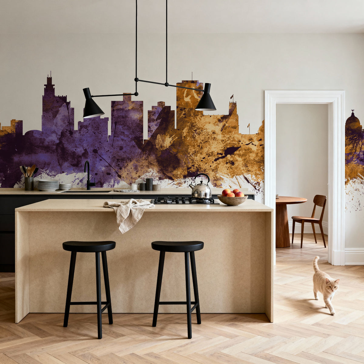 Jackson Mississippi Skyline Purple & Gold Mural Wallpaper - room preview 04