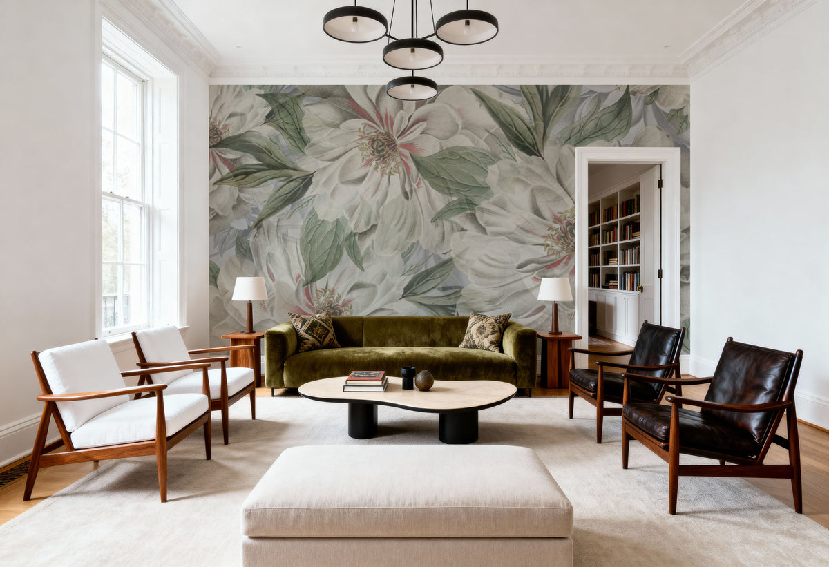 Peony Study - Pearl and Green Mural Wallpaper - room preview 04