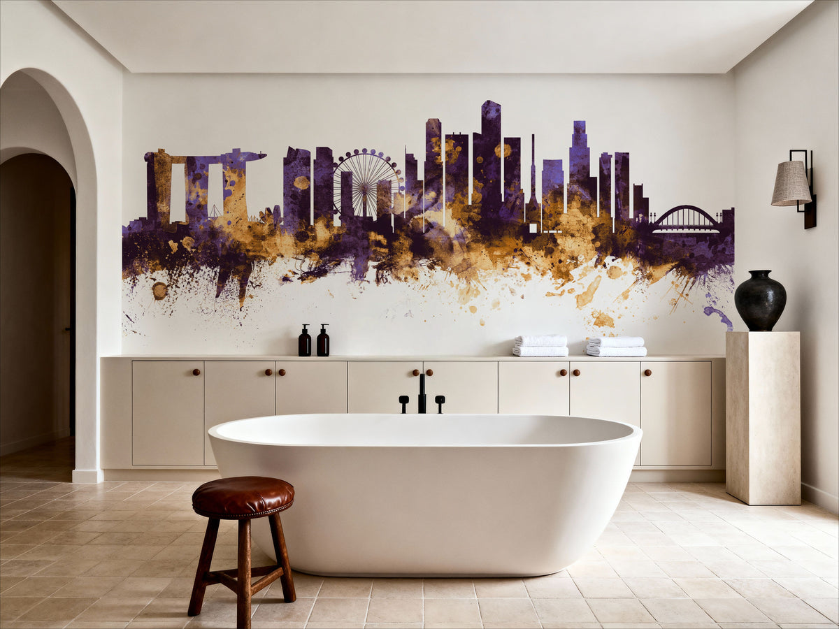 Singapore Skyline Purple & Gold Mural Wallpaper - room preview 04